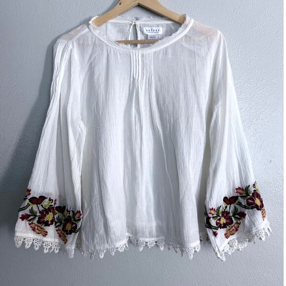 Velvet by Graham & Spencer Tops - VELVET Graham Spence ivory beige embroidered floral Jeslyn peasant blouse top